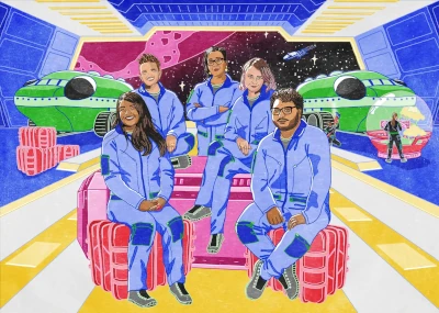An illustration of the authors of Imagining the Future. They've been imagined in a space setting. They're wearing blue spacesuits, sitting on red storage boxes, in a transport bay of a giant spaceship with green spacecraft behind them.